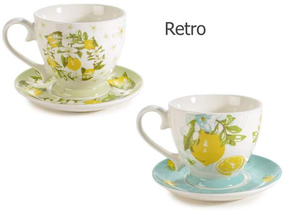 Taza porcelana 400ml con platillo y estampado de limón