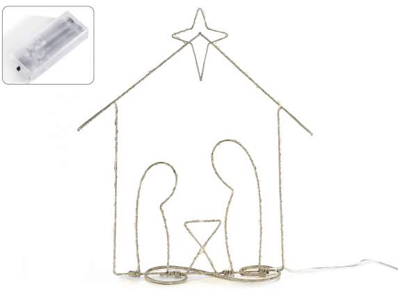 Crèche en métal doré à paillettes et lumières LED blanc chau