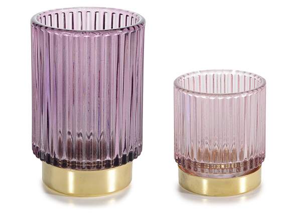 Lot de 2 bougeoirs en verre moleté et socle doré