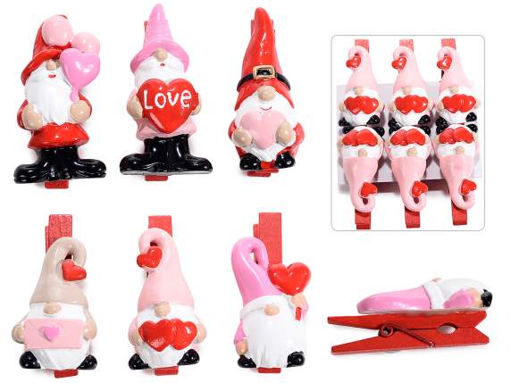 Lot de 6 pinces à linge gnomes avec coeurs en résine