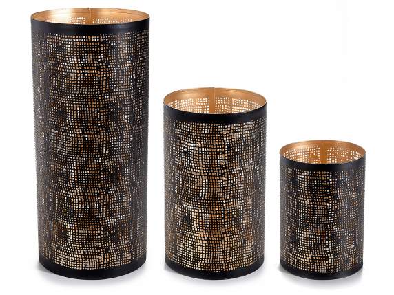 Set of 3 candle holders in carved metal and gold - copper in