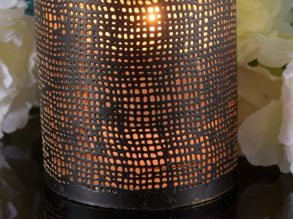 Set of 3 candle holders in carved metal and gold - copper in