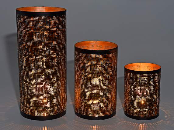 Set of 3 candle holders in carved metal and gold - copper in
