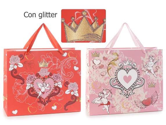 Paper bag with Cupid glitter print and handles