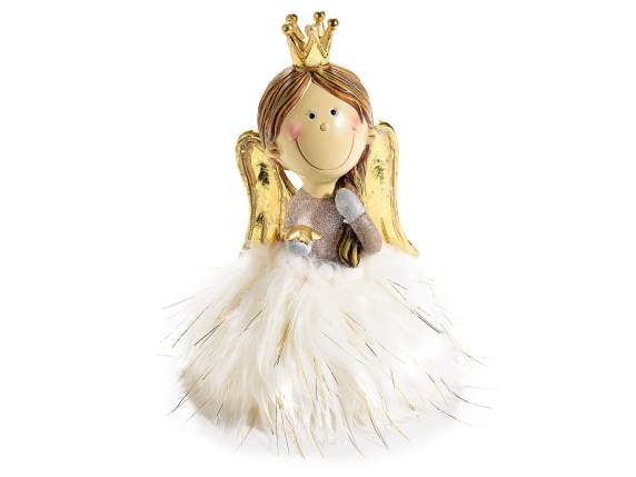 Resin angel with eco-fur skirt and golden wings with LED lig