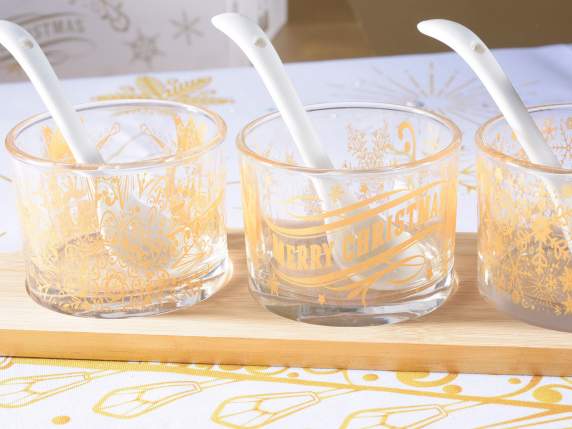 Aperitif set 4 glass bowls with teaspoon on tray
