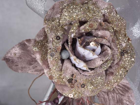 Fabric rose with glitter and berries