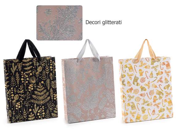 Colored paper bag w - satin handles with 3D glitter decorati