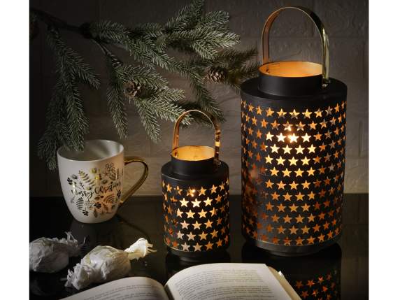 Set of 2 cylindrical lanterns in black metal with star holes