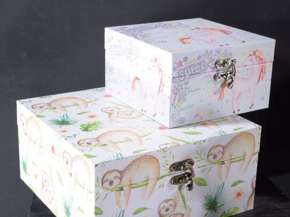 Set 3 wooden boxes with Animal fantasy decorations and hook