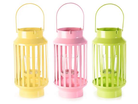 Colored metal lantern with glass candle holder
