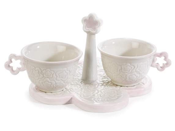 Set of 2 porcelain cups with handle and flower-shaped tray