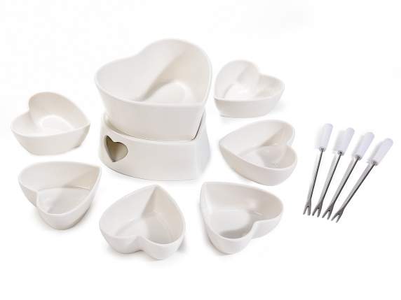 Heart-shaped porcelain fondue set with 6 cups and 4 forks