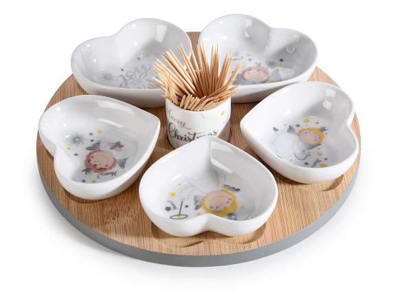 Aperitif set 6 porcelain bowls on wooden tray