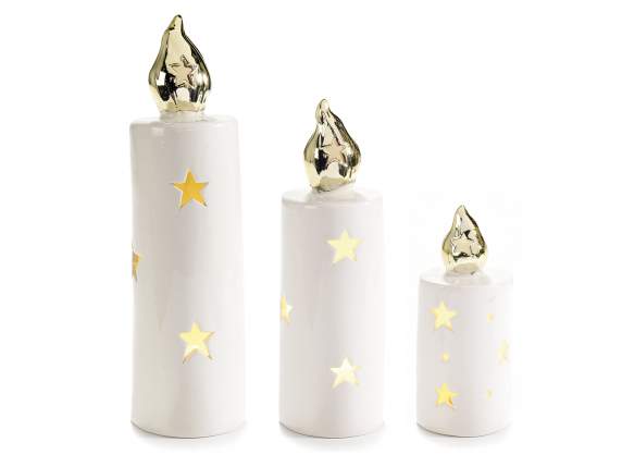 Set of 3 ceramic battery candles w - LED lights and star car