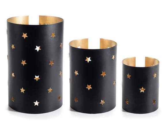 Set of 3 metal candle holders w - carved stars and gold inte