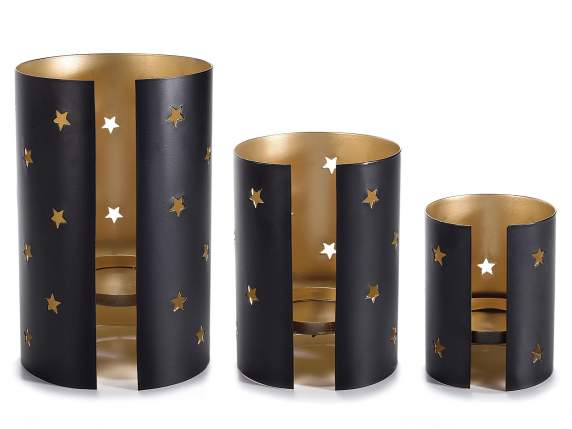 Set of 3 metal candle holders w - carved stars and gold inte