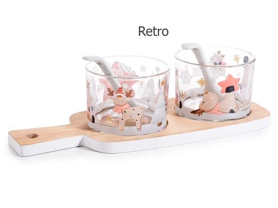 Aperitif set 2 glass bowls, teaspoon and tray