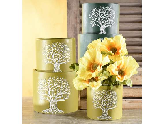 Set of 3 concrete vases with Tree of life decoration