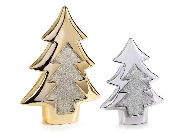 Set of 2 decorative porcelain Christmas trees with glitter