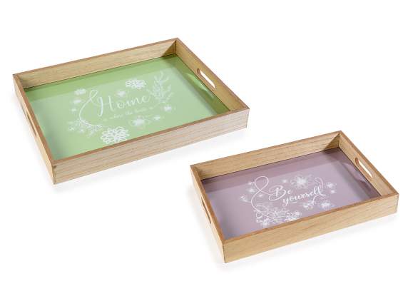 Set of 2 trays in wood and glass Romantic Herbs
