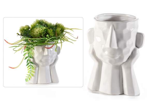 Hammered effect face-shaped porcelain vase