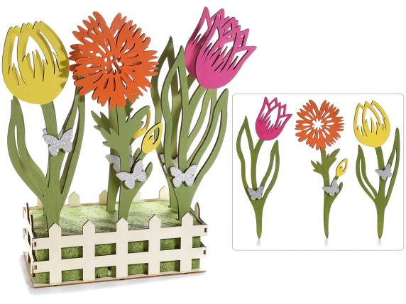 Wooden fence display with 6 flowers and decorative butterfly