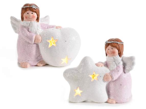 Ceramic angel with heart - star decoration and LED light