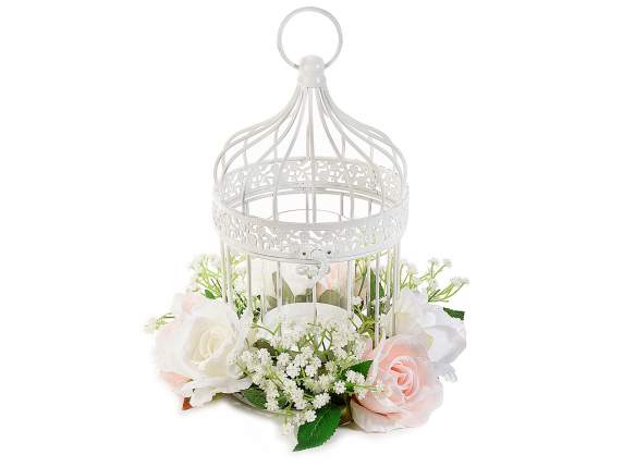White metal cage w-artificial roses and candle holder compar