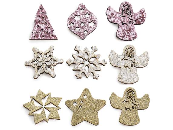 Display 144 decorations in colored wood and glitter with adh