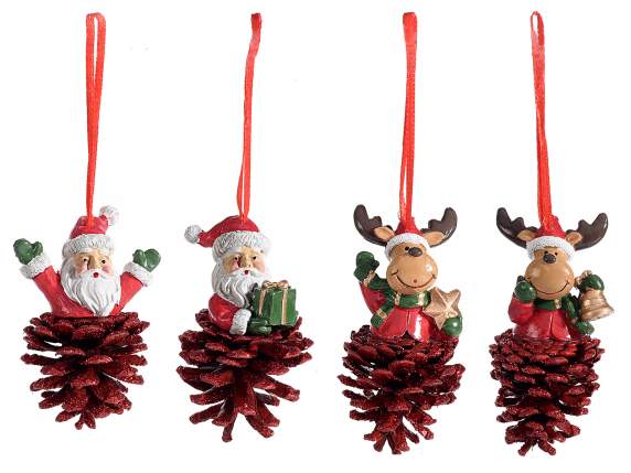 Christmas resin character w - glitter pine cone to hang