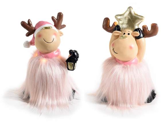 Reindeer in resin w - golden details, eco-fur skirt and LED
