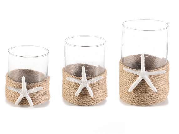 Set of 3 decorated glass candle holders w - starfish and rop