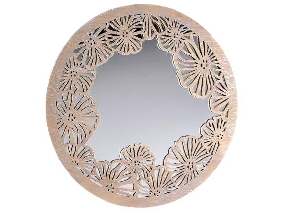 Round mirror with wooden decorations to hang