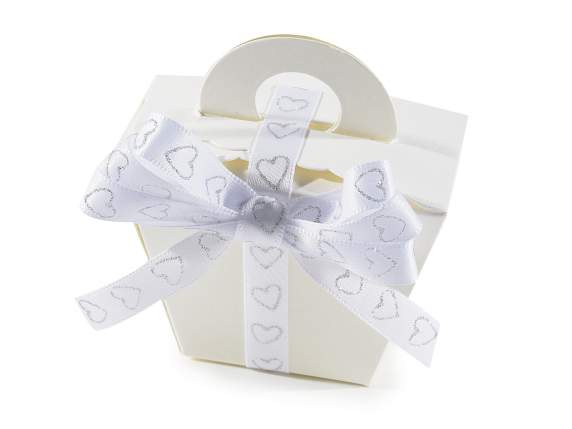 White satin ribbons with glittered silver hearts