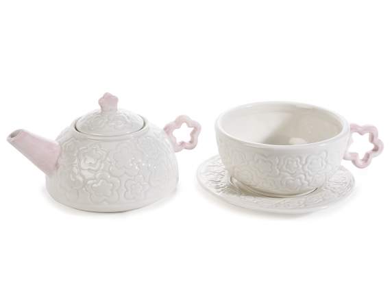 Porcelain teapot and cup set w - flower handle and saucer