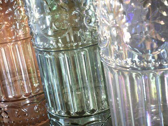 Iridescent effect glass vase with relief decorations