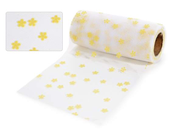 Roll of white tulle with yellow flowers