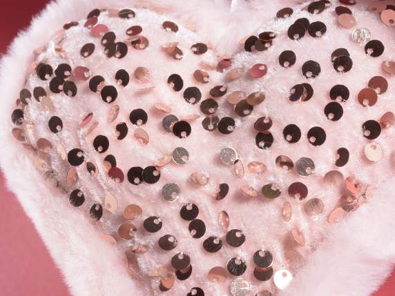 Set of 3 pink hearts in soft fur with sequins to hang