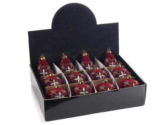 Burgundy velvet ball with glitter decorations in display