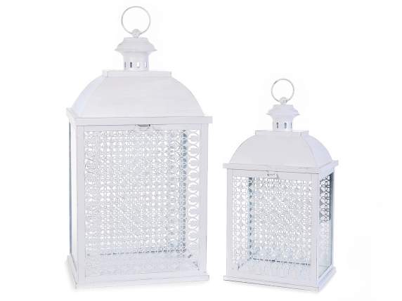 Set of 2 rectangular base lanterns in white perforated metal