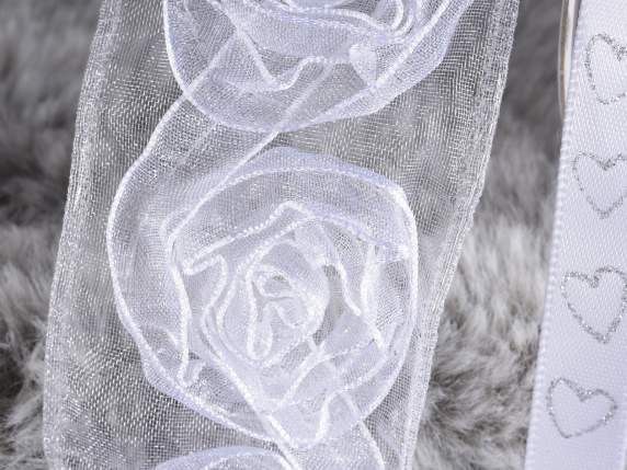 White organdie ribbons with rose decoration