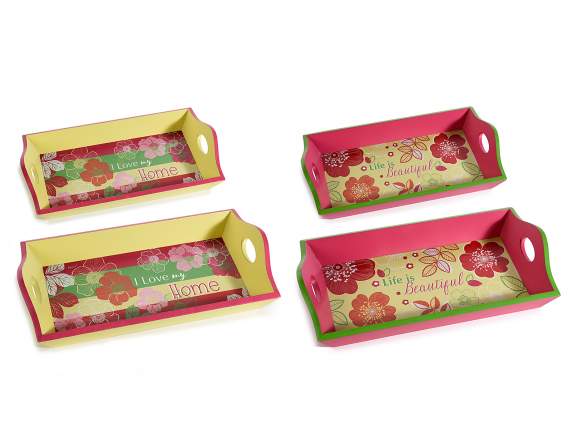 Set of 2 wooden trays with Giga Flowers print handles