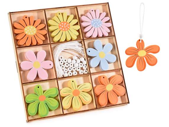 Display of 24 wooden flowers with beads and strings to hang