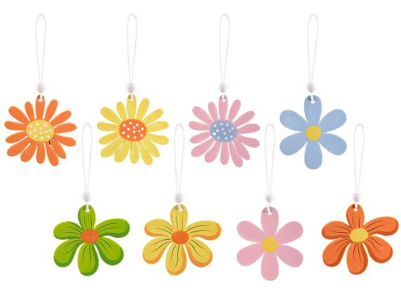 Display of 24 wooden flowers with beads and strings to hang