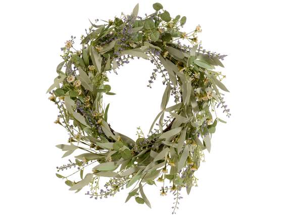 Wooden wreath with artificial flowers and leaves
