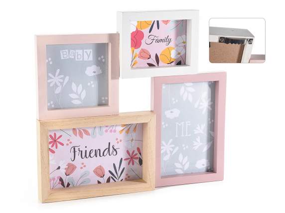 Photo frame with 4 multicolored wooden frames to hang