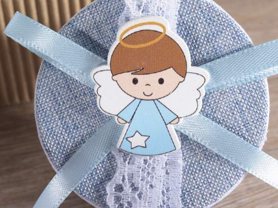 Baby favor box in fabric with wooden angel