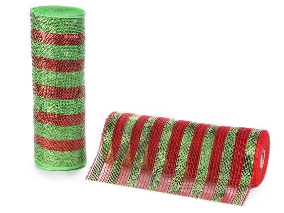 Decorative net ribbon red and green, lurex insert
