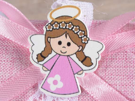 Little girl favor box in fabric with wooden decoration